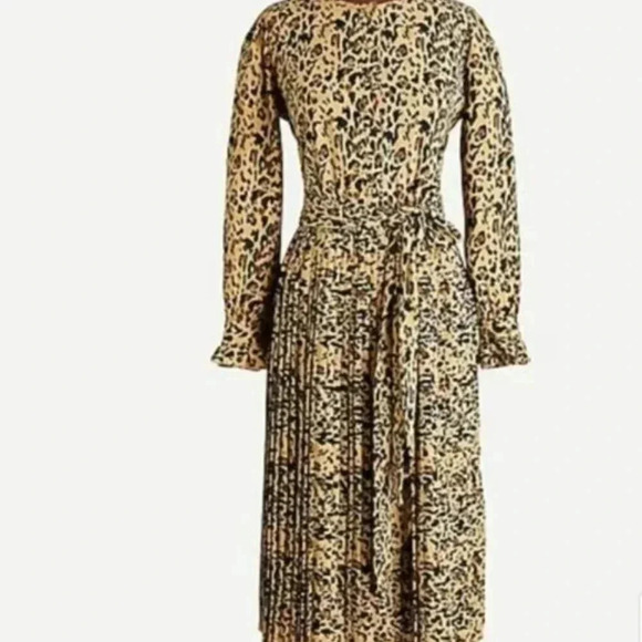 NEW J. Crew Leopard Carly Dress Midi Pleated Long Sleeve Size 0 - Picture 11 of 11